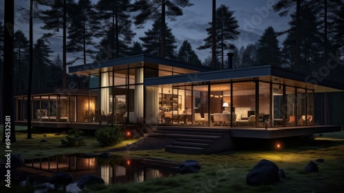 The outside of a modern, minimalist luxury home at night. Modern cabin house in forest. © Zahid