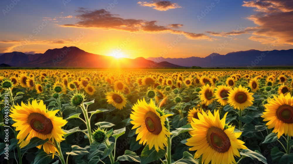 Field of sunflowers in full bloom, bathed in the warm glow of a setting sun