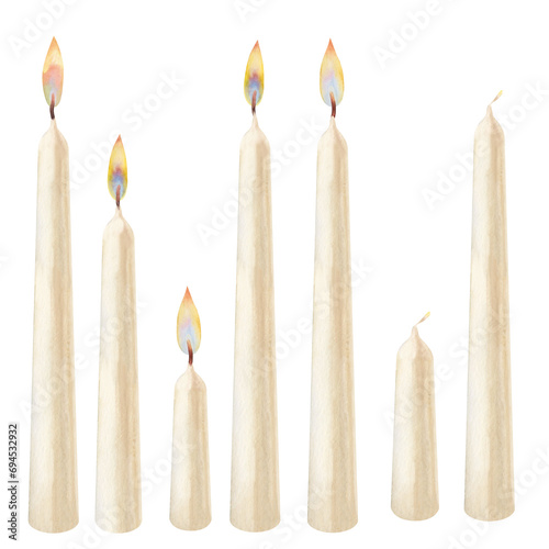 Cuadro en lienzo Watercolor white vertical short and long candles with flames of different types