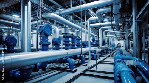 Pipelines in a gas compression station. Pipeline valves in an oil and gas processing plant.