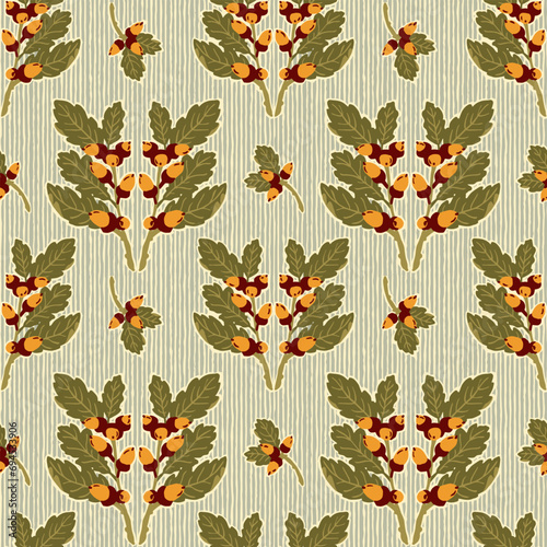 Modern Victorian Oak Leaves Branches and Acorns Seamless Vector Pattern, for Wallpaper, Prints, Home Textile, Packaging, Stationery