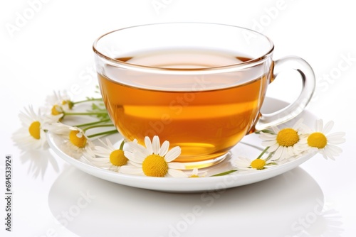 A cup of tea and some daisies on a saucer