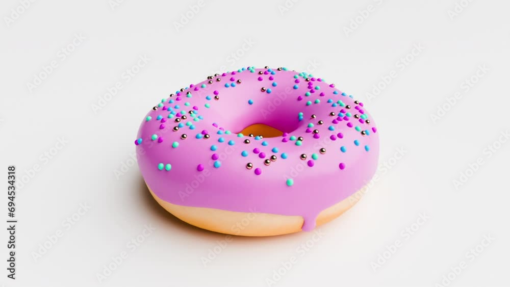 Pink Donut with Sprinkles Rotating on a White Background. Seamless Loop of Doughnut spinning. 3d Rendered Animation of Pastry and Confectionery Pink Donut with Sprinkles Rotating on a White Background. Seamless Loop of Doughnut spinning. 3d Rendered Animation of Pastry and Confectionery