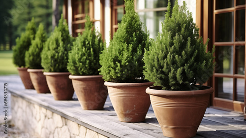Thujas Emerald In Brown Ceramic Plant Pots On The House Porch   © Imeji Main