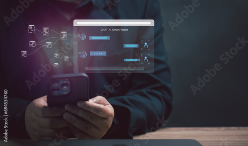 man uses chat AI to find answers by his mobile phone. AI concept.  using technology and transforming the system over the internet. artificial intelligence. Chat bot conversation assistant.