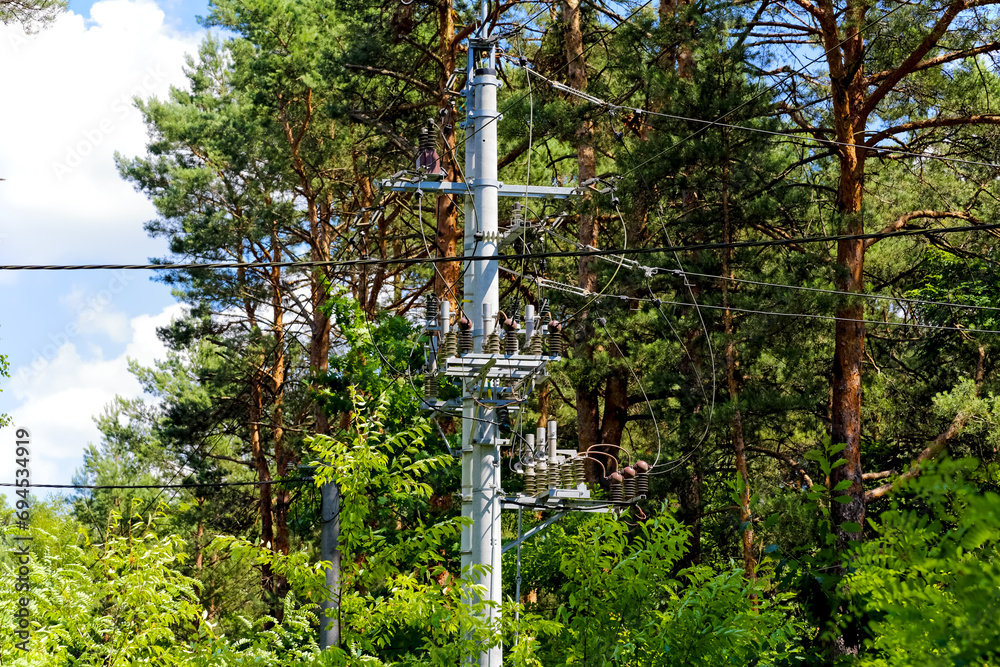 Fototapeta premium Components of the power line in the forest