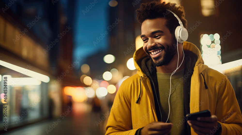 Fototapeta premium Young man smiling while looking at his phone and listening to music with headphones in an urban outdoor setting.