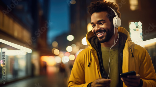 Young man smiling while looking at his phone and listening to music with headphones in an urban outdoor setting.