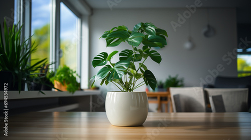 A Pot Plant On The Dining Table In The Kitchen 