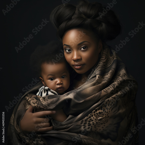 Appy black mother with child, realistic photo.