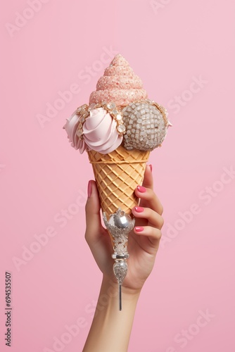 Ice cream in the hand. Christmas decoration concept. Minimal composition. Silver and pale pink colors.