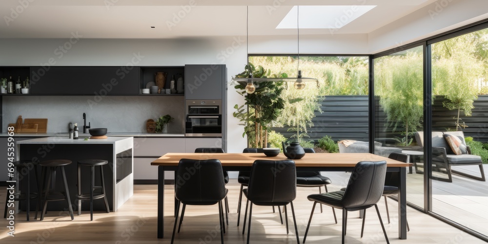 Modern house with open plan kitchen, featuring black dining table and chairs, white cabinets by window.