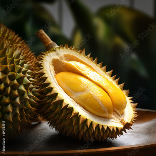 divinely realistic close-up, photorealism, durian fruit cut, beautiful, elegant, saturared , bright contrast, depth of field, black tones, clear