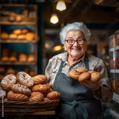 A happy grandmother is a baker in a pastry shop, showing cookies. Business.