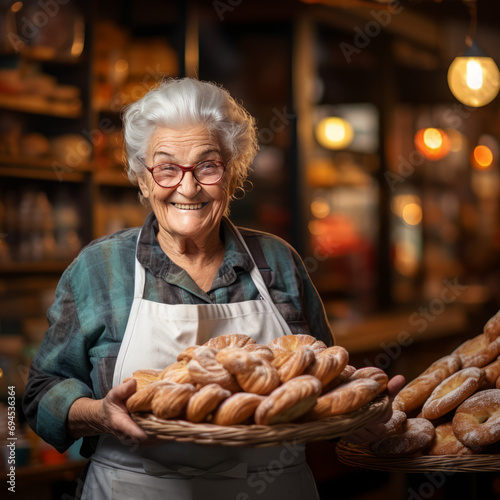 A happy grandmother is a baker in a pastry shop, showing cookies. Business.