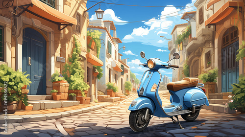 Illustration Of a Blue Scooter Parked In The Street
