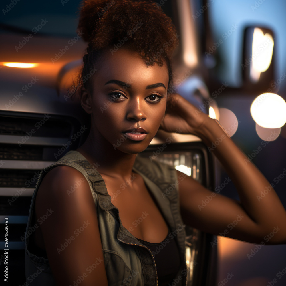 custom made wallpaper toronto digitalDark-skinned girl truck driver stands in front of a truck. Women's empowerment.