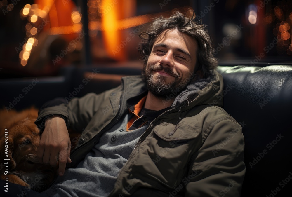 A contented man with a warm smile sits comfortably in a leather chair, his human face adorned with a stylish beard, exuding a sense of ease and refinement in the indoor setting