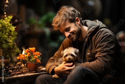 A man dressed in casual clothing sits with his dog on an indoor flowerpot, surrounded by lush outdoor plants and a vibrant flower, creating a peaceful and heartwarming scene