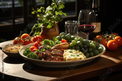 Plate of food accompanied by wines on top of a wooden wooden table 