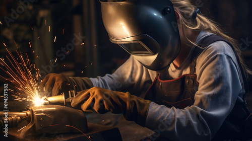 A beautiful young welder woman at work. Gender equality.