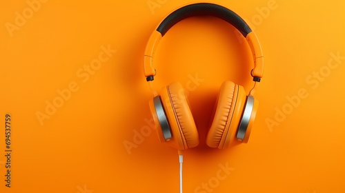 A studio microphone accompanied by headphones against an orange backdrop. Banner with copy space. Radio, work with sound, podcast photo