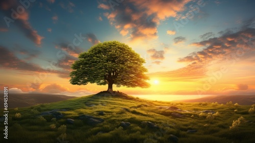 A lonely tree surrounded by lush green grass under the warm glow of a cloud-filled sunset sky photo