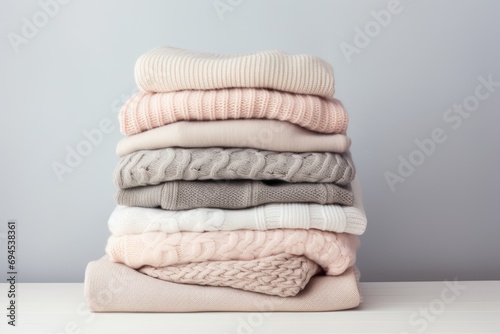 Pile of knitted woolen sweaters in neutral beige colors