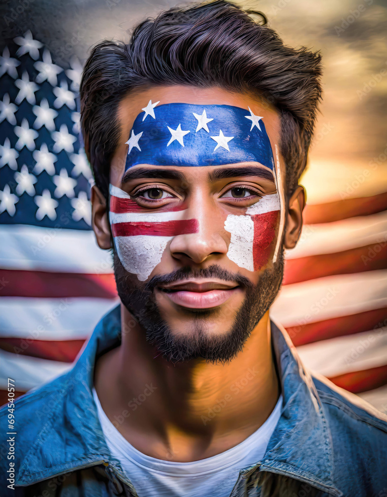 A mans face painted with American flag colors - we are all Americans bow A mans face painted with American flag colors - we are all Americans bow