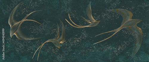 Abstract luxury art background with birds in golden art line style. Hand drawn vector banner for wallpaper design, print, textile, interior decor..