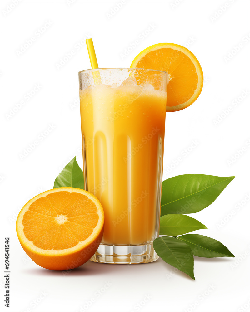 Fresh orange juice with orange on white background