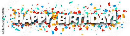 Banner with Happy birthday sign on colorful confetti background.