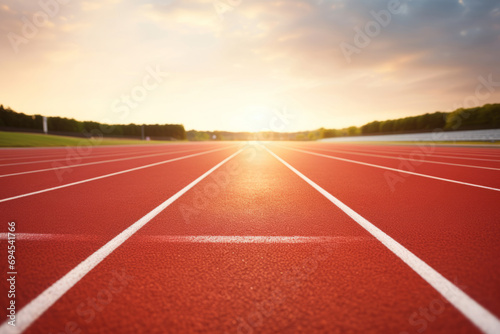 Running track in the stadium. Rubber coating. Smooth surface ready for runners. Generative AI photo