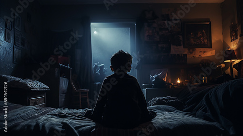 Un enfant triste dans sa chambre, concept harcèlement  photo