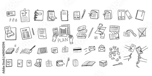 Set of business elements with documents, infographics, pen, pencil, planning notebook, note paper, diary, paper, documents, contracts, calendar. Great for stickers, professional design. Hand drawn