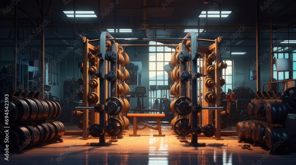 Modern light gym. Sports equipment in gym. Barbells of different weight on rack - obrazy, fototapety, plakaty 