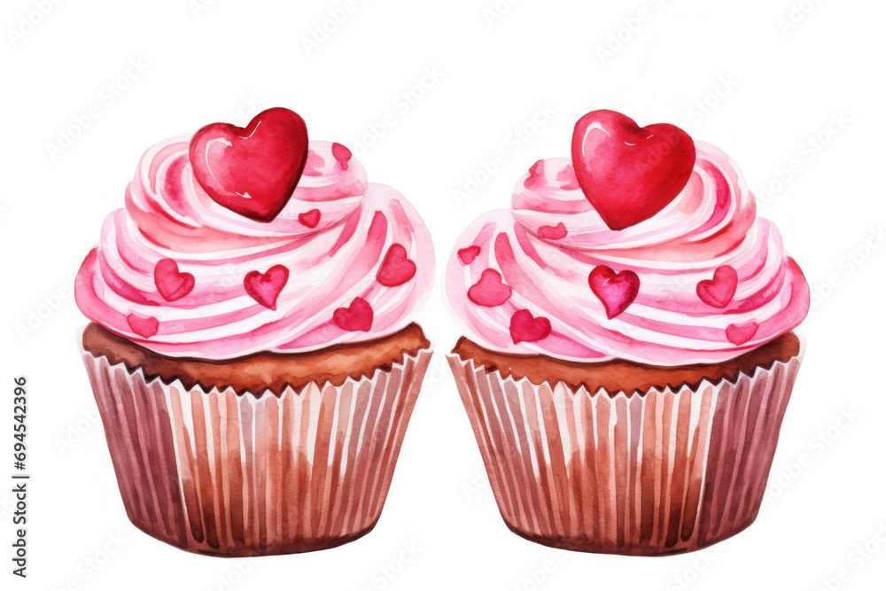 Watercolor hand drawing Valentines Day cupcake decorated whipped cream, sprinkles and red hearts isolated on white background.