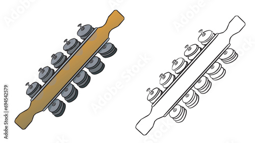 handmade wooden rattle and metal bottle caps. Musical instrument used in samba songs and carnival parties. Vector illustration isolated on transparent background