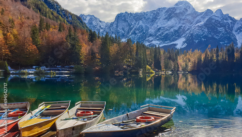 Colorful wooden boats on Fusine Lake (Laghi di Fusine) with scenic view of snow capped Julian mountain range in Tarvisio, Friuli-Venezia Giulia, Italy, Europe. Water reflection in green alpine lake