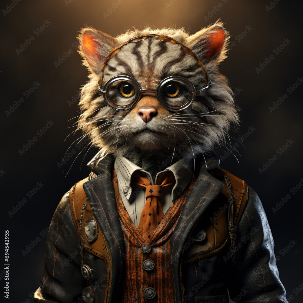 3d render cute tiger, wearing a suit with a dramatic studio background. Generative AI 3d render cute tiger, wearing a suit with a dramatic studio background. Generative AI