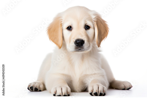  golden Labrador puppy sitting down on a white background