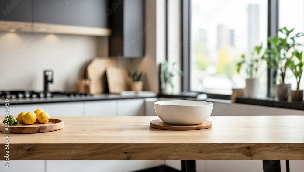 Kitchen with Blurred Modern Interior, Empty Table for Product Display with Blurred Background Kitchen with Blurred Modern Interior, Empty Table for Product Display with Blurred Background