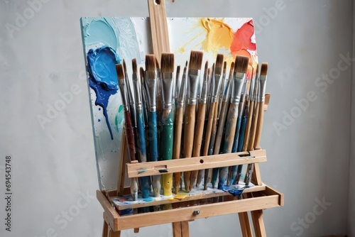 canvas easel glass filled with paint brushes photo