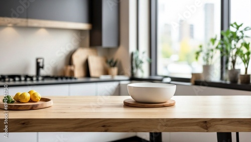 Kitchen with Blurred Modern Interior, Empty Table for Product Display with Blurred Background