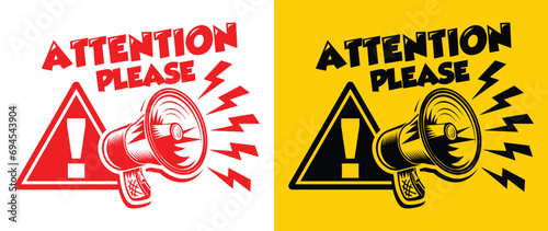 Attention please. Warning sign with megaphone for template of important notice. Vector on transparent background photo