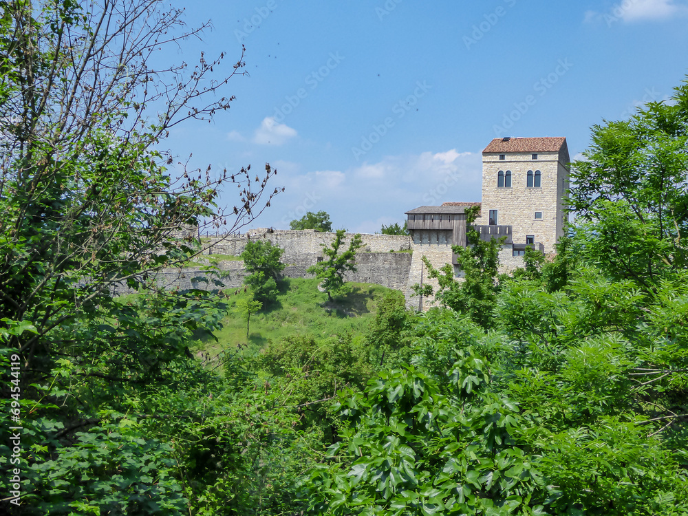 Scenic view Castle of San Pietro in Ragogna, located in a magical and isolated place in Friuli-Venezia Giulia, Italy, Europe. Ancient Lombard landmark at the Tagliamento river in Alpe Adria region