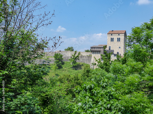 Scenic view Castle of San Pietro in Ragogna, located in a magical and isolated place in Friuli-Venezia Giulia, Italy, Europe. Ancient Lombard landmark at the Tagliamento river in Alpe Adria region
