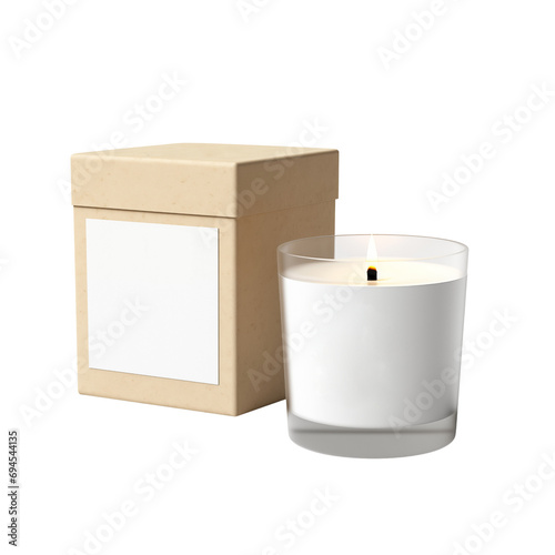 Burning Candle Mockup in a glass jar, soy candle, package, box, isolated on white transparent background, PNG