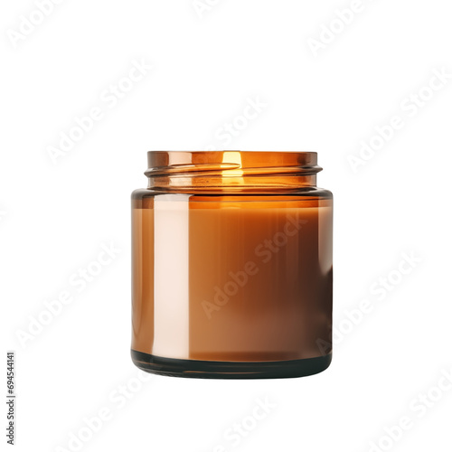Burning Candle Mockup in an amber glass jar, soy candle, isolated on white transparent background, PNG