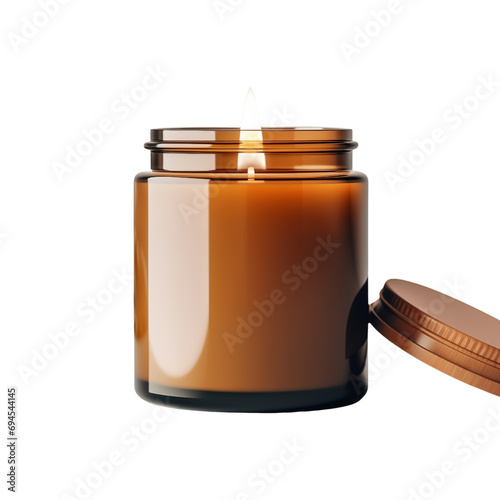 Burning Candle Mockup in an amber glass jar, soy candle, isolated on white transparent background, PNG